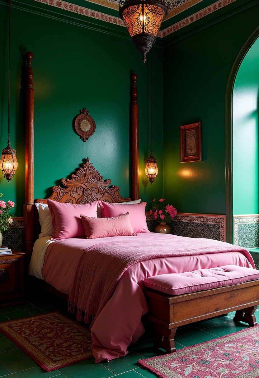 Dark Green And Pink Bedroom 20
